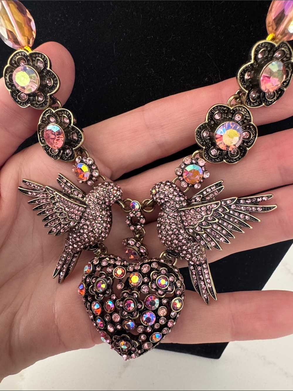 Kirk’s Folly Pink Crystal Heart & Bird Necklace - Statement Women’s Jewelry